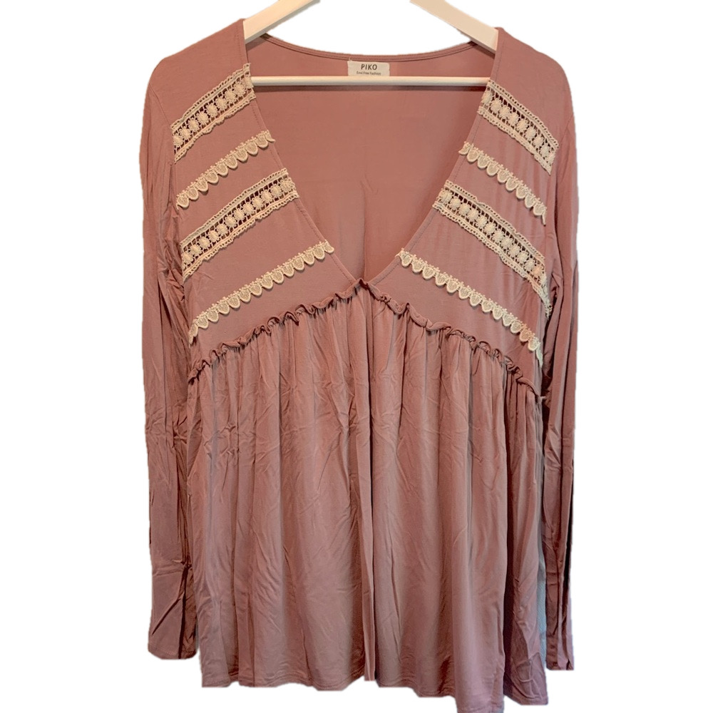 PIKO Dusty Rose Boho Babydoll Tunic Top Lace Detail Size Large